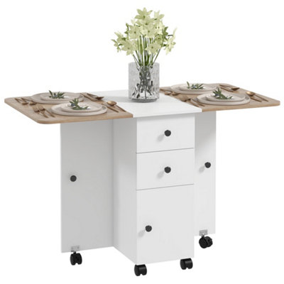 HOMCOM Folding Dining Table, Drop Leaf Table With Drawers Oak and White