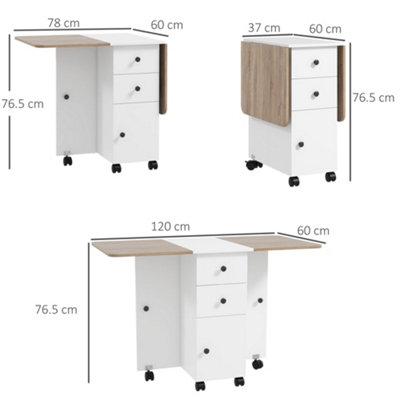 HOMCOM Folding Dining Table, Drop Leaf Table With Drawers Oak and White