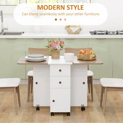 HOMCOM Folding Dining Table, Drop Leaf Table With Drawers Oak and White