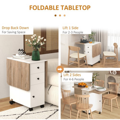 HOMCOM Folding Dining Table, Drop Leaf Table With Drawers Oak and White