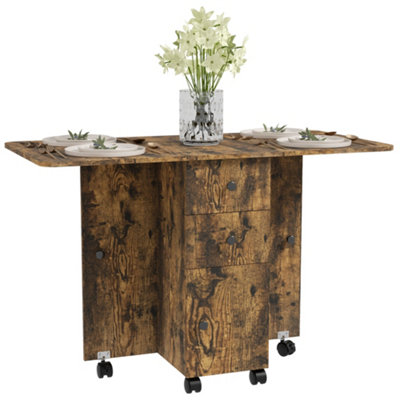 HOMCOM Folding Dining Table, Drop Leaf Table With Drawers Rustic Brown