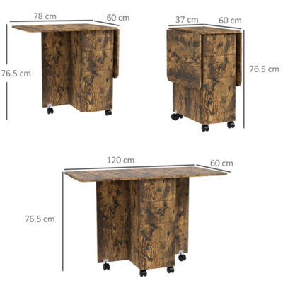 HOMCOM Folding Dining Table, Drop Leaf Table With Drawers Rustic Brown