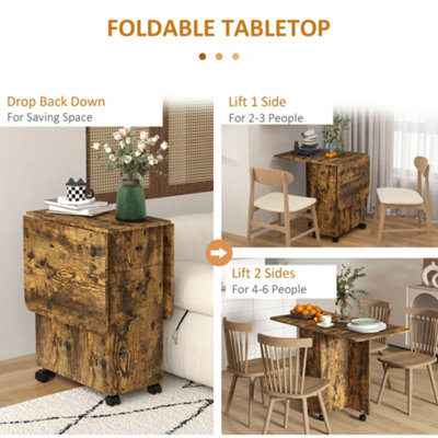 HOMCOM Folding Dining Table, Drop Leaf Table With Drawers Rustic Brown