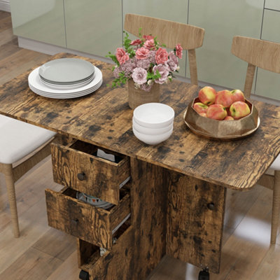 HOMCOM Folding Dining Table, Drop Leaf Table With Drawers Rustic Brown