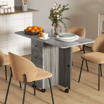 HOMCOM Folding Dining Table, Drop Leaf Table With Storage Drawers Grey Marble