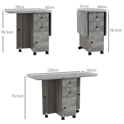 HOMCOM Folding Dining Table, Drop Leaf Table With Storage Drawers Grey Marble
