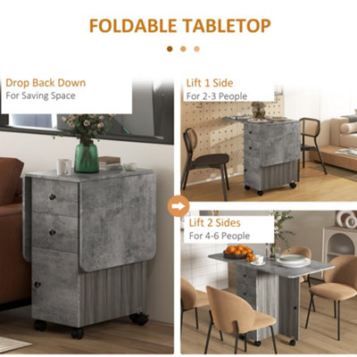 HOMCOM Folding Dining Table, Drop Leaf Table With Storage Drawers Grey Marble