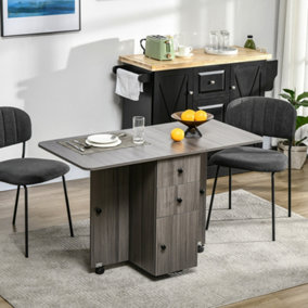 HOMCOM Folding Dining Table, Drop Leaf Table With Storage Drawers Grey