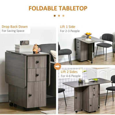 HOMCOM Folding Dining Table, Drop Leaf Table With Storage Drawers Grey