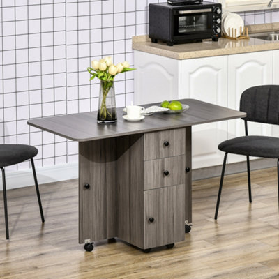 HOMCOM Folding Dining Table, Drop Leaf Table With Storage Drawers Grey