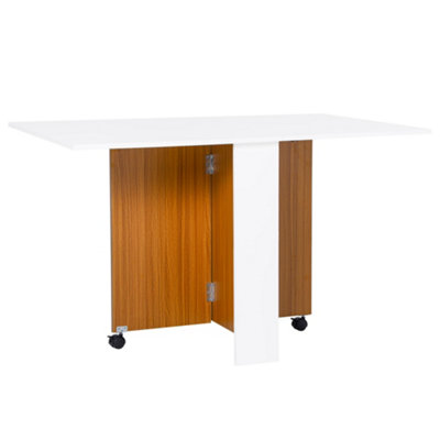 HOMCOM Folding Dining Table Mobile Writing Desk w/ Casters Teak Colour, White