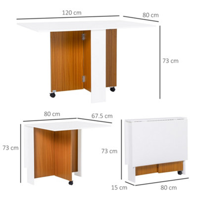 HOMCOM Folding Dining Table Mobile Writing Desk w/ Casters Teak Colour, White