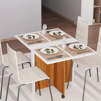 HOMCOM Folding Dining Table Mobile Writing Desk w/ Casters Teak Colour, White