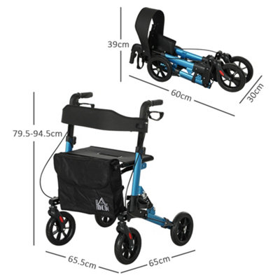 HOMCOM Folding Rollator Walker with Seat, Backrest, Bag, 4 Wheels, Blue