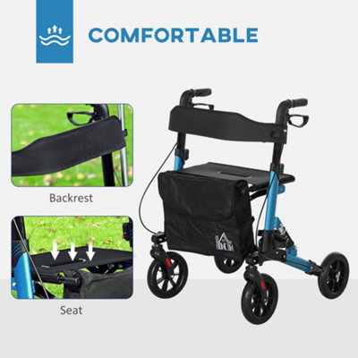 HOMCOM Folding Rollator Walker with Seat, Backrest, Bag, 4 Wheels, Blue