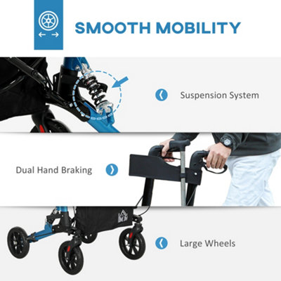 HOMCOM Folding Rollator Walker with Seat, Backrest, Bag, 4 Wheels, Blue