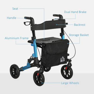 HOMCOM Folding Rollator Walker with Seat, Backrest, Bag, 4 Wheels, Blue