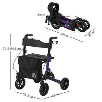 HOMCOM Folding Rollator Walker with Seat, Backrest, Bag, 4 Wheels, Purple
