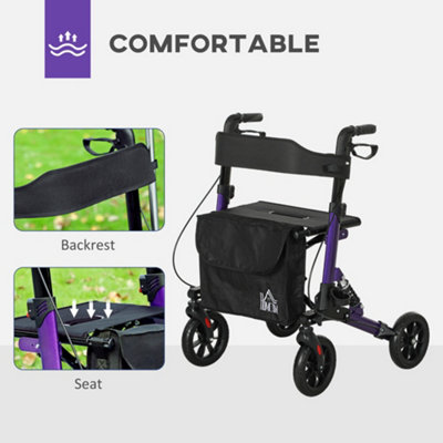 HOMCOM Folding Rollator Walker with Seat, Backrest, Bag, 4 Wheels, Purple