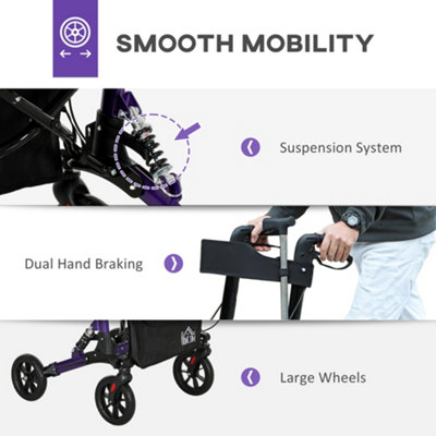 HOMCOM Folding Rollator Walker with Seat, Backrest, Bag, 4 Wheels, Purple