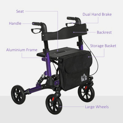 HOMCOM Folding Rollator Walker with Seat, Backrest, Bag, 4 Wheels, Purple
