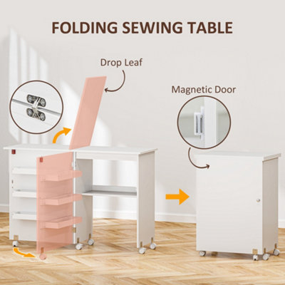 HOMCOM Folding Sewing Table Rolling Craft Table with Drop Leaf Wheels White