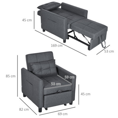 HOMCOM Folding Sofa Bed Adjustable Single Sleeper w/ Pillow Side Pocket Grey