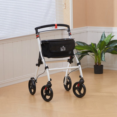 HOMCOM Folding Upright Rollator Walker with Storage Bag, Tray, White