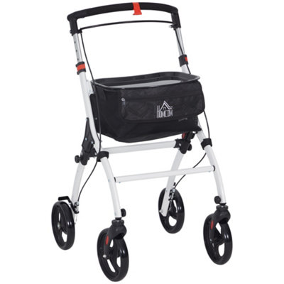 HOMCOM Folding Upright Rollator Walker with Storage Bag, Tray, White