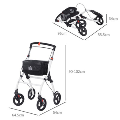HOMCOM Folding Upright Rollator Walker with Storage Bag, Tray, White