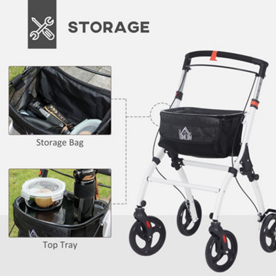 HOMCOM Folding Upright Rollator Walker with Storage Bag, Tray, White
