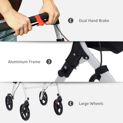 HOMCOM Folding Upright Rollator Walker with Storage Bag, Tray, White
