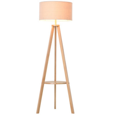 HOMCOM Free Standing Tripod Floor Lamp Bedside Light Reading Light with Storage Shelf Linen Shade, 154cm, Cream