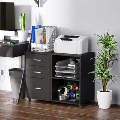 HOMCOM Freestanding Storage Cabinet w/ 3 Drawers 2 Shelves 4 Wheels Office Black