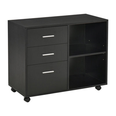 HOMCOM Freestanding Storage Cabinet w/ 3 Drawers 2 Shelves 4 Wheels Office Black