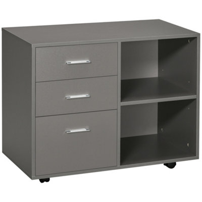 HOMCOM Freestanding Storage Cabinet w/ 3 Drawers 2 Shelves 4 Wheels Office Grey