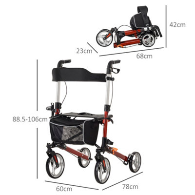 HOMCOM Fully Folding Rollator Walker with Seat, Backrest, Bag, Red