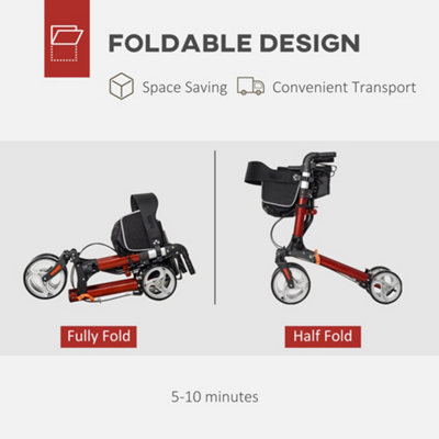 HOMCOM Fully Folding Rollator Walker with Seat, Backrest, Bag, Red