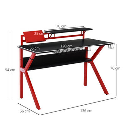 HOMCOM Gaming Desk Computer Table w/ Cup Holder Headphone Hook, Basket, Red