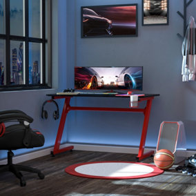 HOMCOM Gaming Desk Steel Frame Cup Headphone Holder Adjustable Feet Home Red