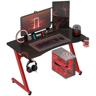 HOMCOM Gaming Desk Steel Frame Cup Headphone Holder Adjustable Feet Home Red