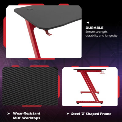 HOMCOM Gaming Desk Steel Frame Cup Headphone Holder Adjustable Feet Home Red