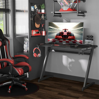 Gaming Desk, Z-Shaped Computer Desk with Protective Corner Cover, Cup  Holder and Headphone Hook, Cable