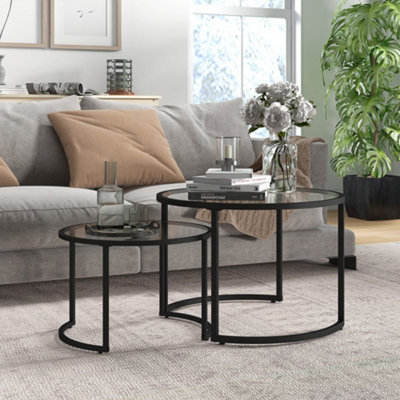 HOMCOM Glass Coffee Table Set of 2, Round Nest of Tables, Black