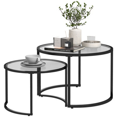 HOMCOM Glass Coffee Table Set of 2, Round Nest of Tables, Black
