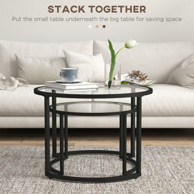 HOMCOM Glass Coffee Table Set of 2, Round Nest of Tables, Black