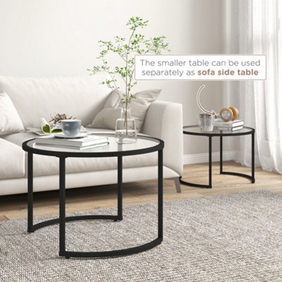 HOMCOM Glass Coffee Table Set of 2, Round Nest of Tables, Black