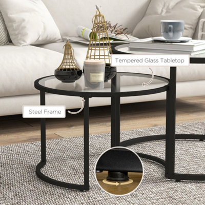 HOMCOM Glass Coffee Table Set of 2, Round Nest of Tables, Black