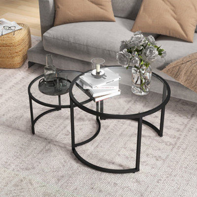 HOMCOM Glass Coffee Table Set of 2, Round Nest of Tables, Black
