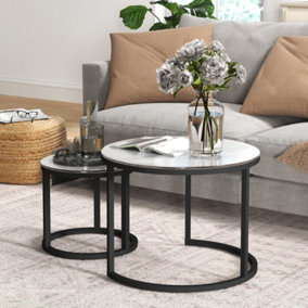 HOMCOM Glass Coffee Table Set of 2, Round Nest of Tables, White